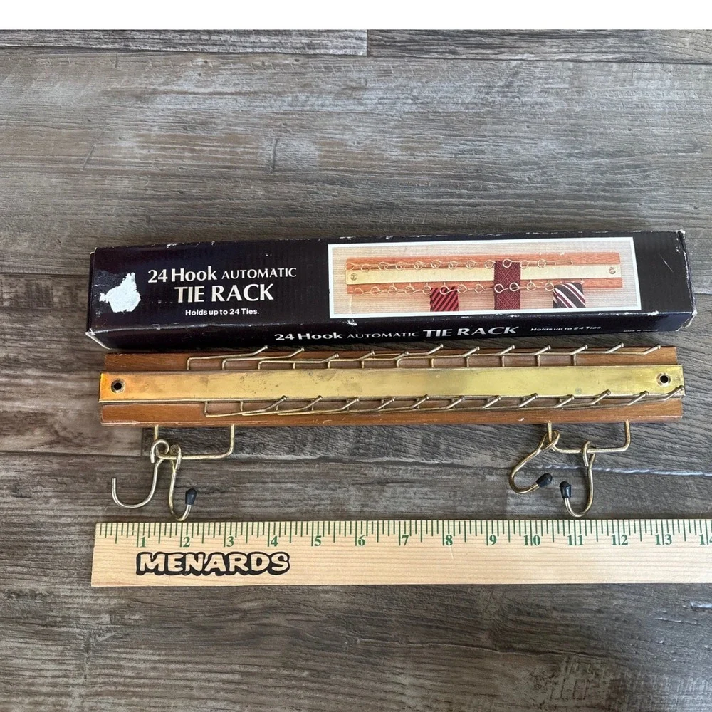 Vintage 24 Hook Automatic Tie Rack Wood Brass Wall Mount Closet Organizer set 2